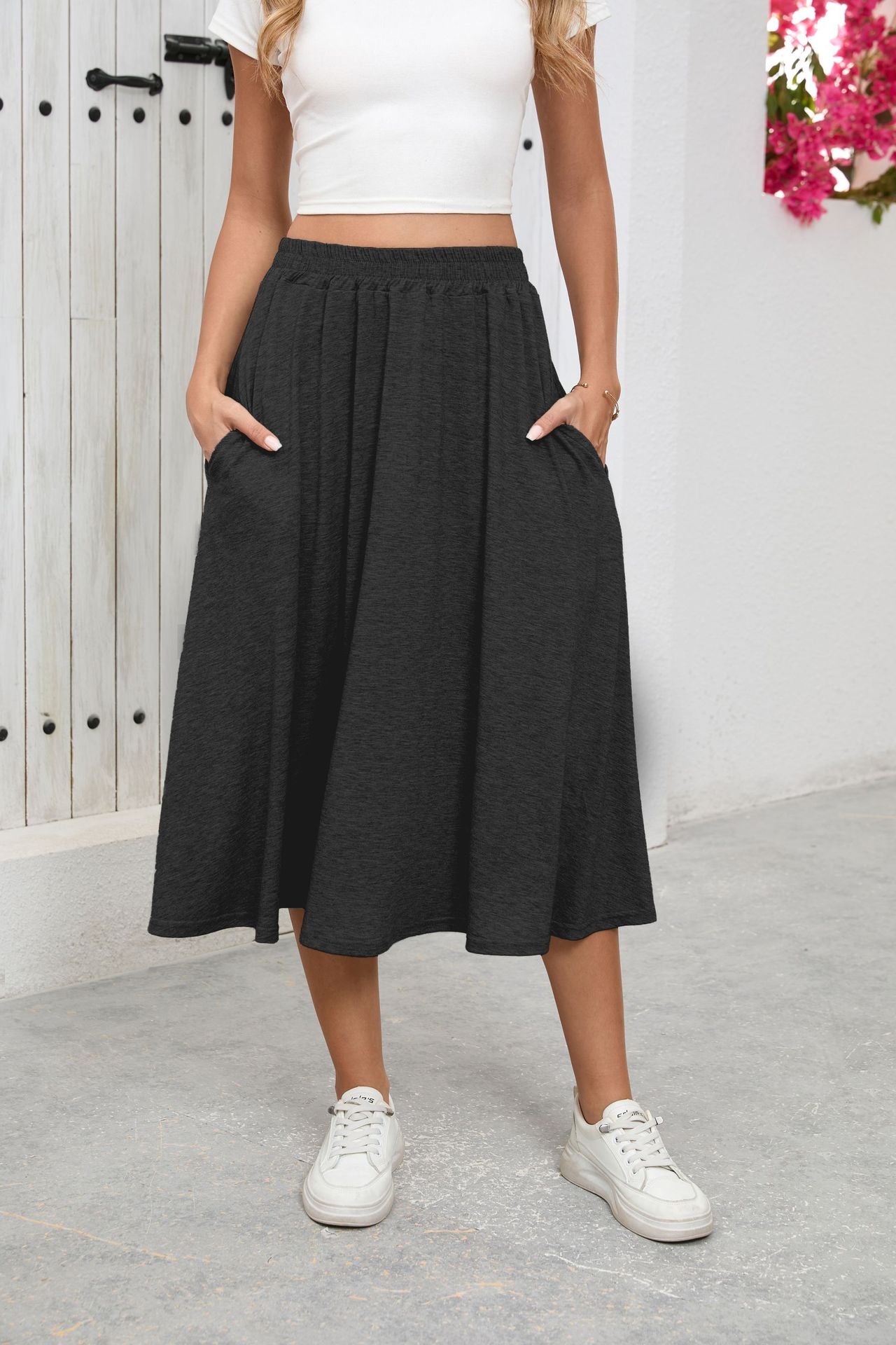 Solid Knit Skirt Casual A-Line Midi Elastic Waist