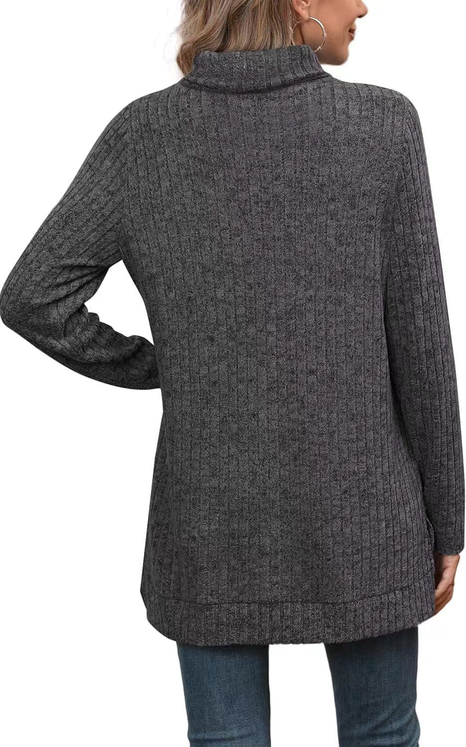Women's Oversized Ribbed Turtleneck Long Sleeve Slit Tunic