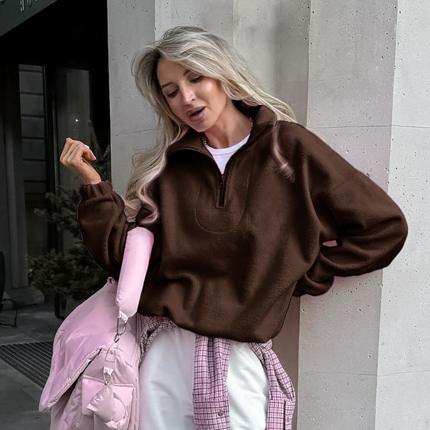 Solid Quarter Zip Pullover Sweatshirt Oversized Casual Chic