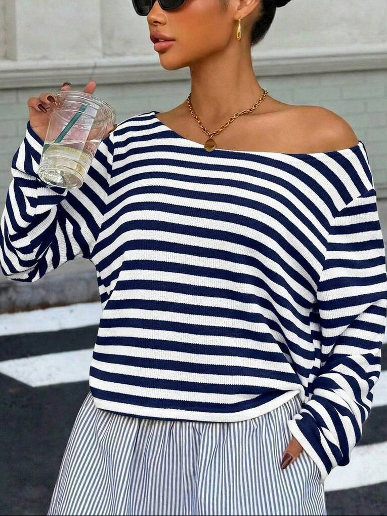 Striped Off Shoulder Long Sleeve Knit Top