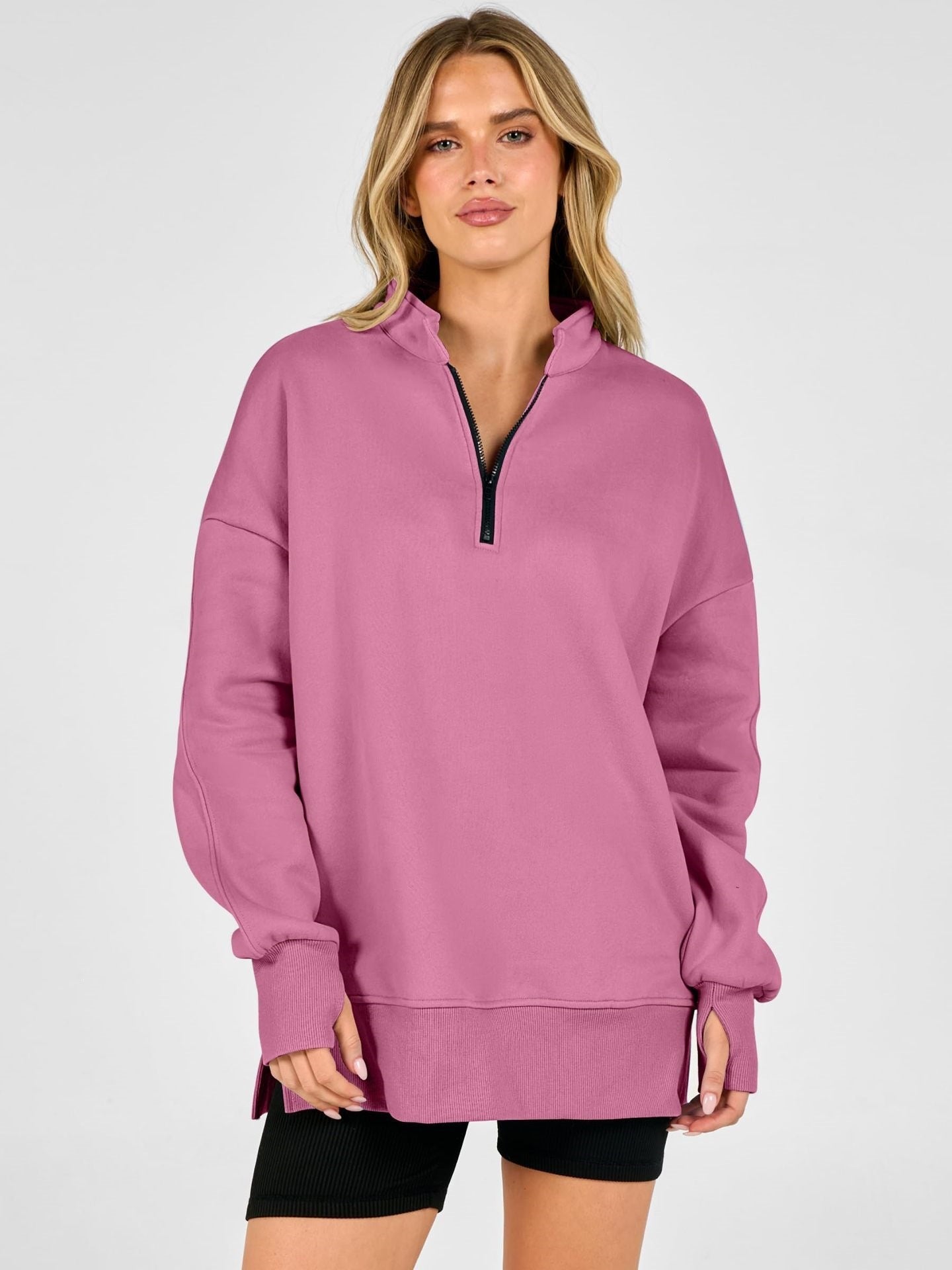 Half Zip Oversized Pullover Sweatshirt Side Slit Casual Top