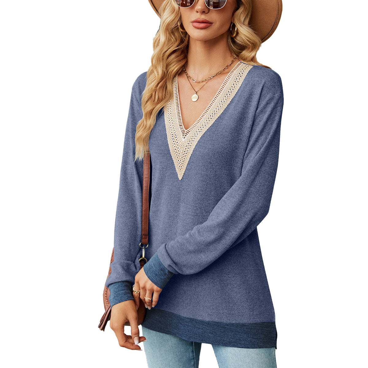 Lace V Neck Color Block Long Sleeve Tunic Top Side Split