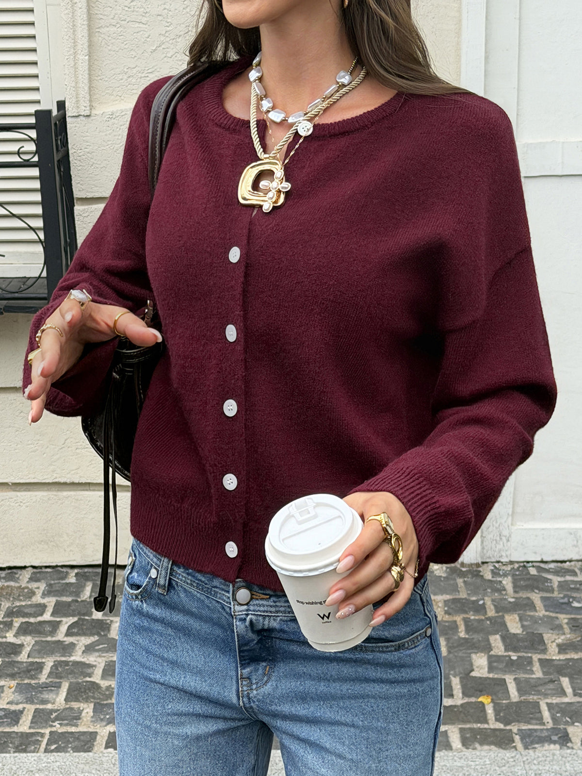 Women's Burgundy Cropped Knit Cardigan Button Up