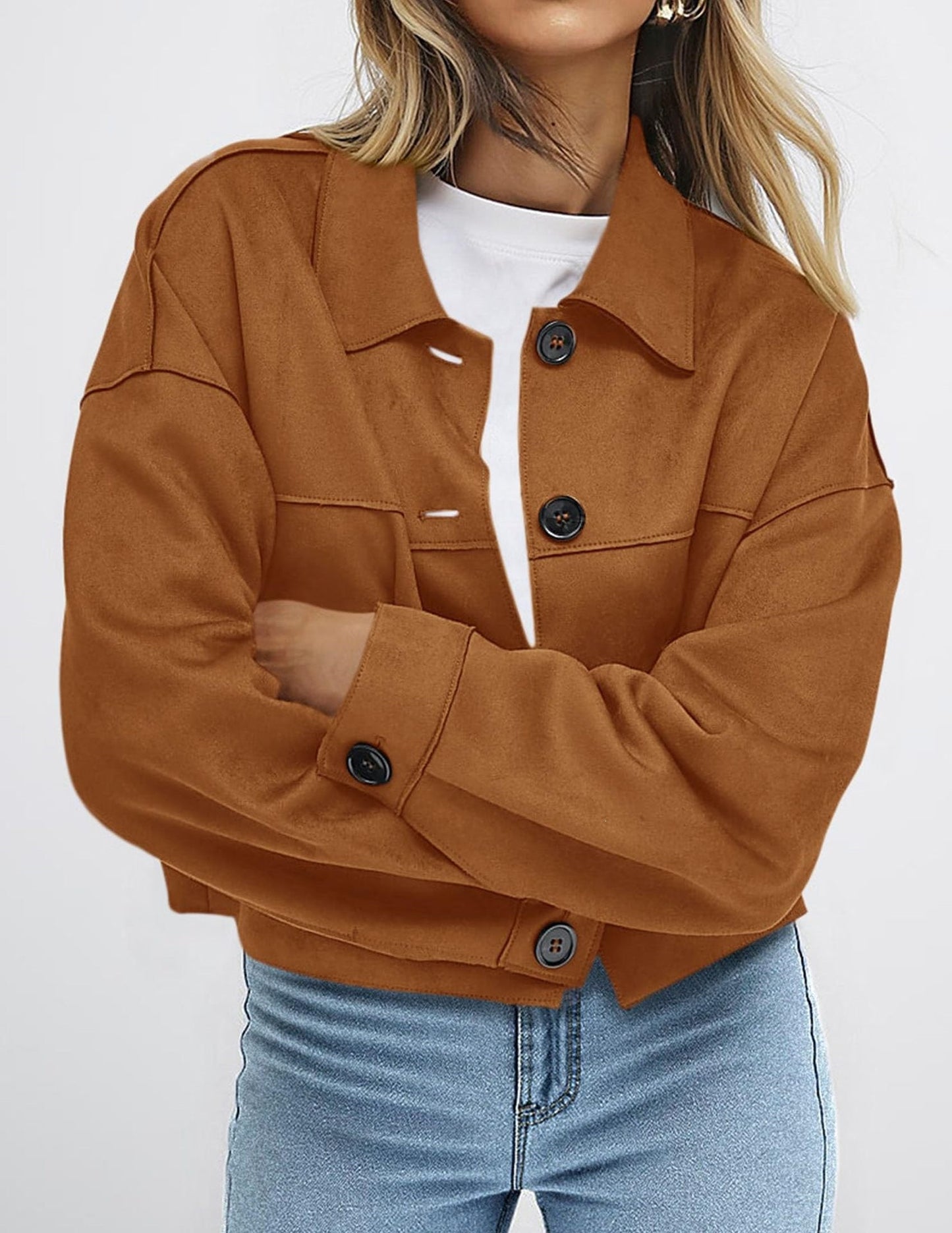 Solid Suede Jacket Western Cropped Button Front