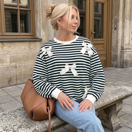 Striped Sweatshirt Terry Top Trendy Bow Detail Boutique Style