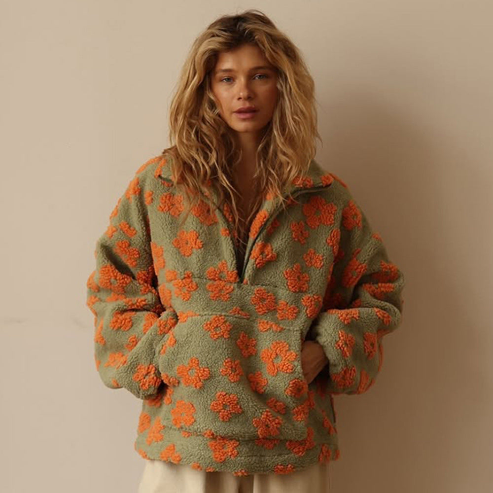 Floral Sherpa Pullover Half Zip Sweatshirt