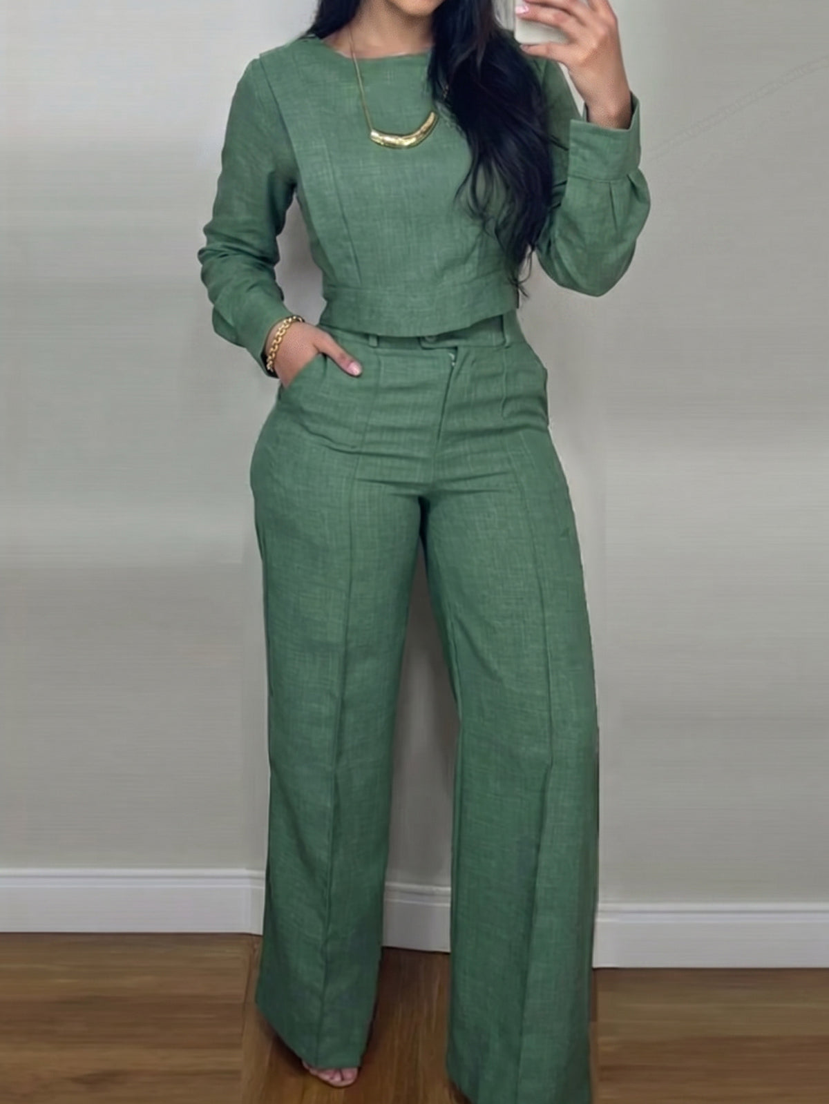 Women's Green 2 Piece Crop Top Wide Leg Pants Set