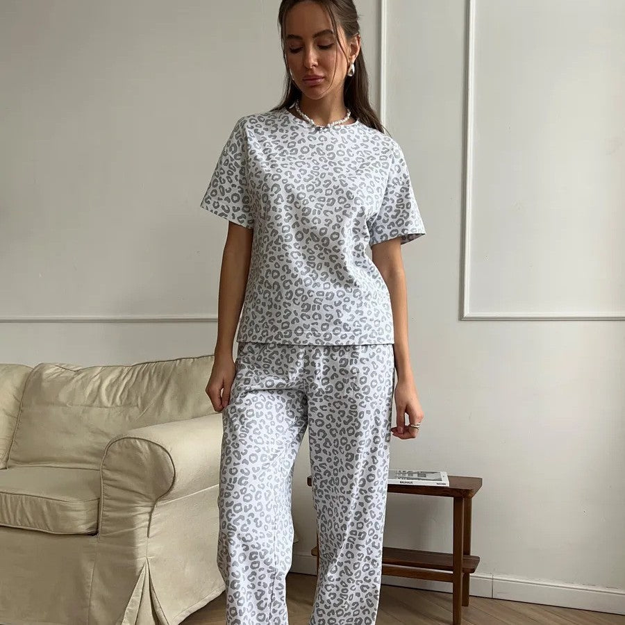 Leopard Print Pajama Set with Short Sleeve Top