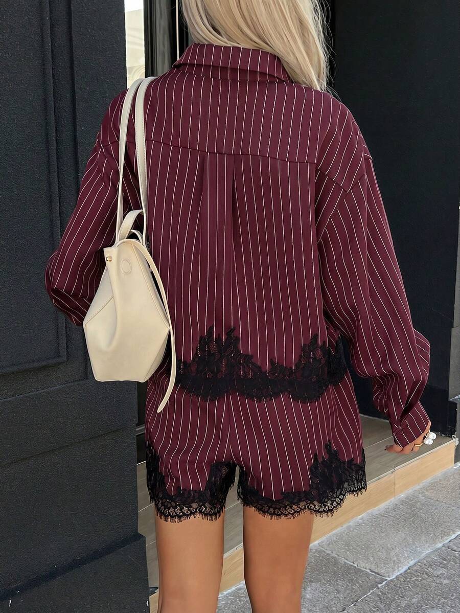 Striped Button Down Shirt & Lace Trim High Waist Shorts Set