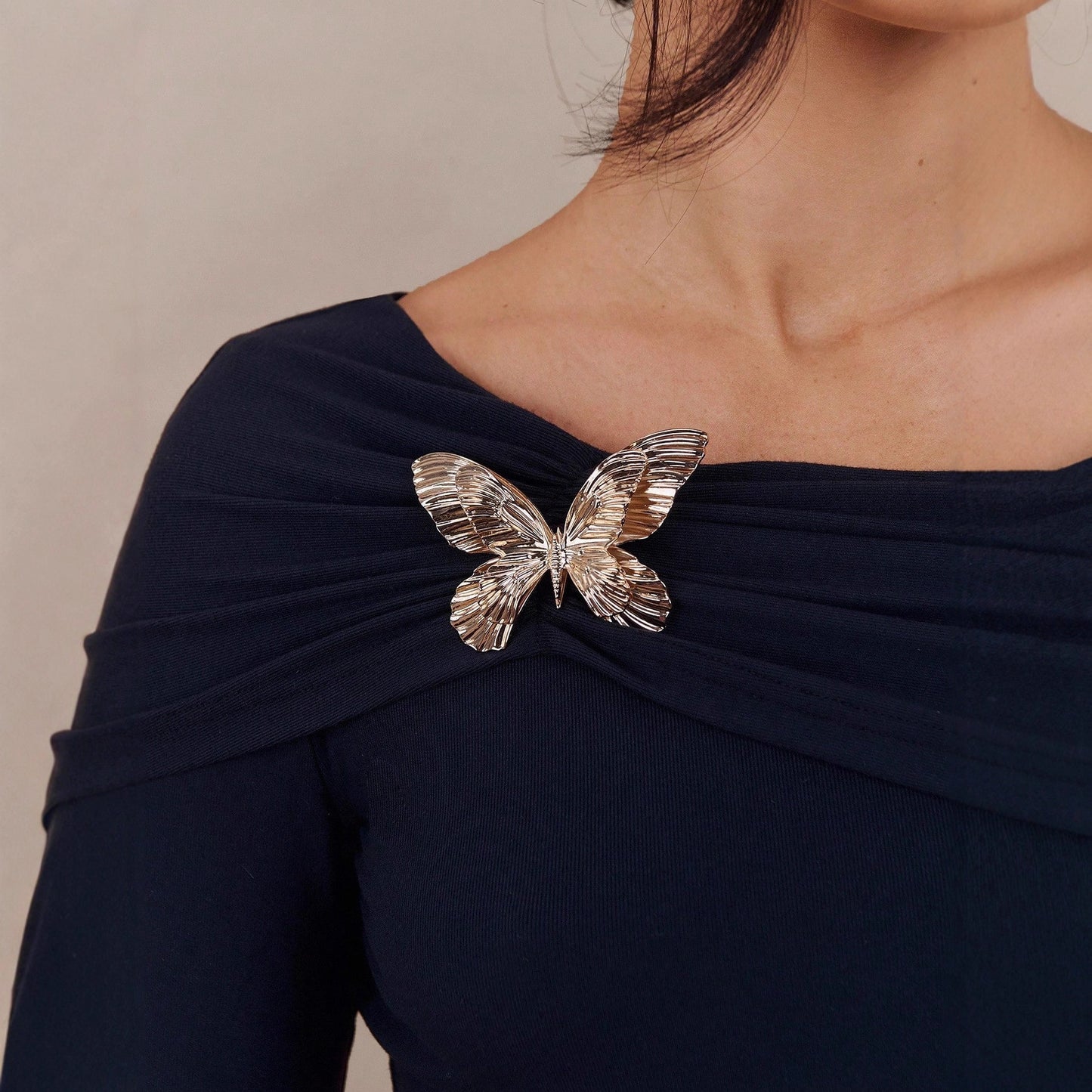 Black Off Shoulder Butterfly Brooch Long Sleeve Top