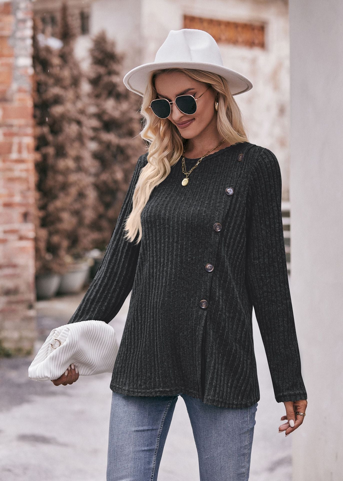 Women's Solid Color Crew Neck Slit Button