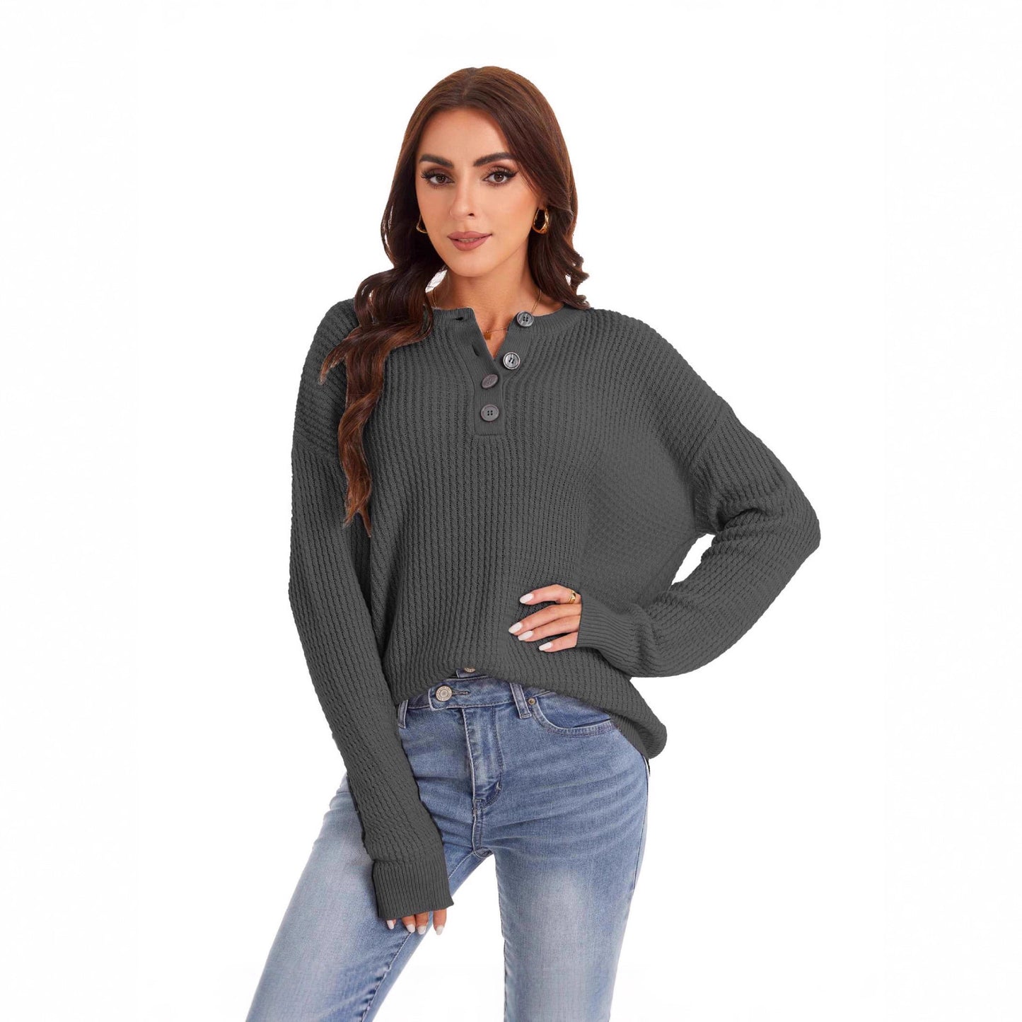 Henley Knit Sweater Button Front Relaxed Fit
