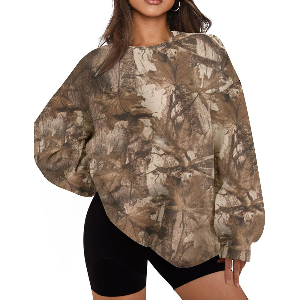 Camo Leaf Print Pullover Sweatshirt Women Oversized Casual Top