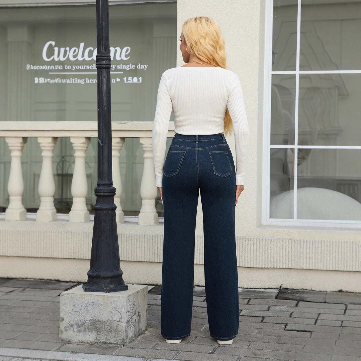 High Waist Washed Wide Leg Denim Jeans for Women