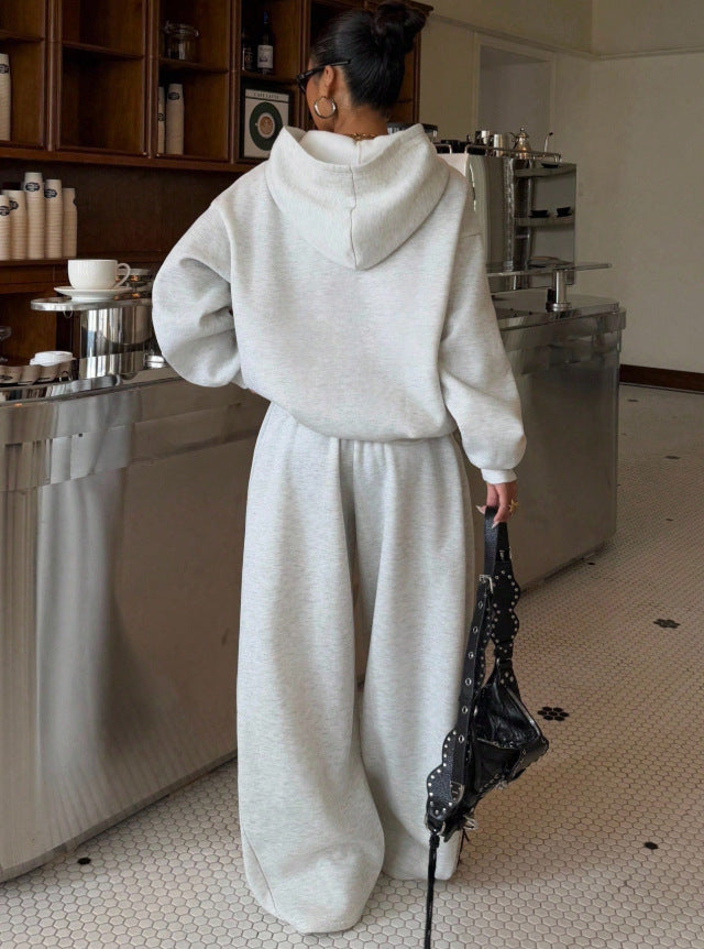 Grey Hooded Sweatshirt Wide Leg Pants Set