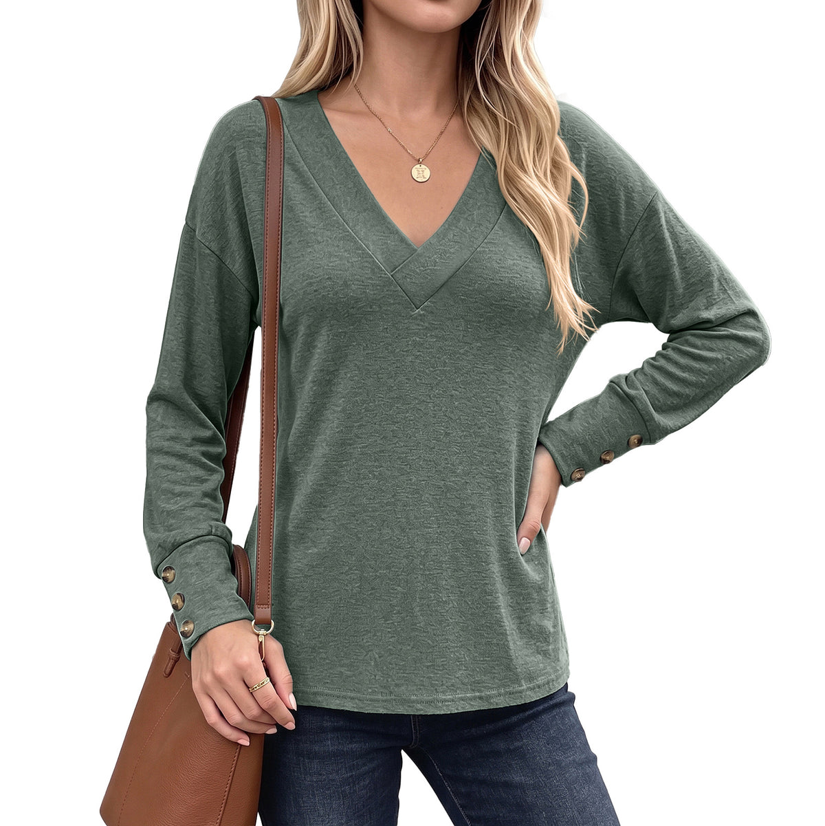 Womens V Neck Long Sleeve Button Cuff Loose Tunic Top