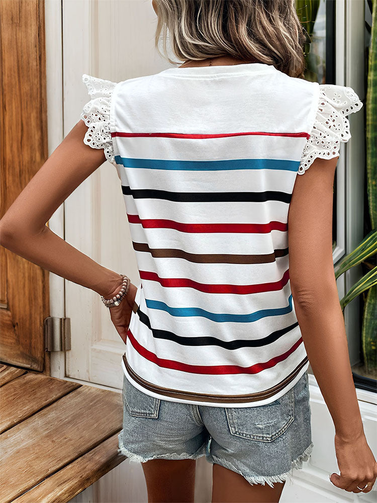 Striped T-Shirt with Lace Detailing and Short Sleeves