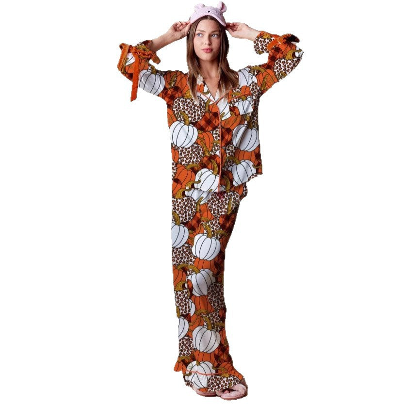 Halloween Pumpkin Print Pajama Set Long Sleeve Lounge Set