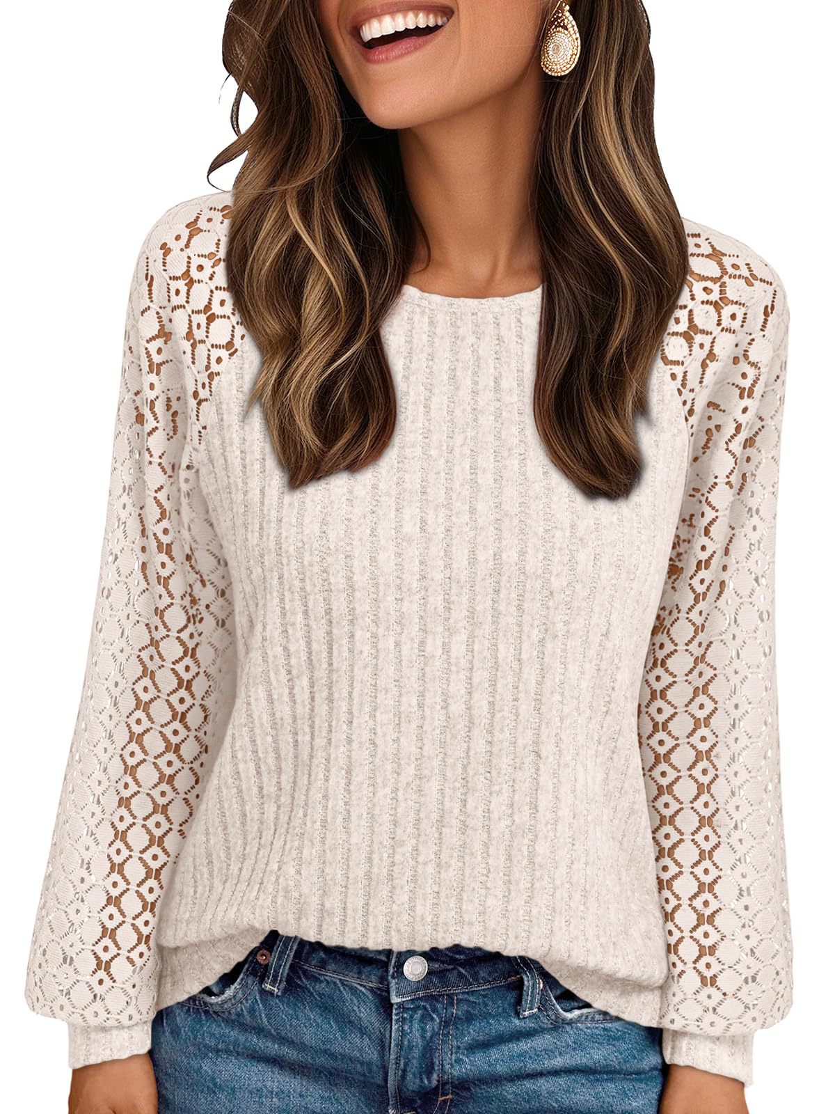Women's Lace Sleeve Ribbed Knit Crew Neck Sweater Top