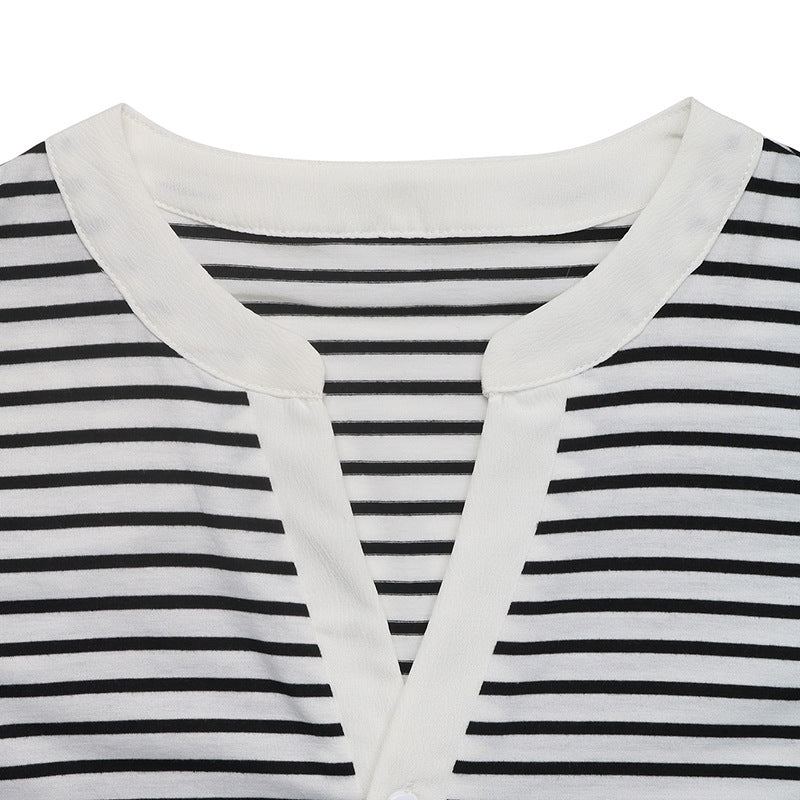 Colorblock Short Sleeve Knit Tee with Striped Print Design