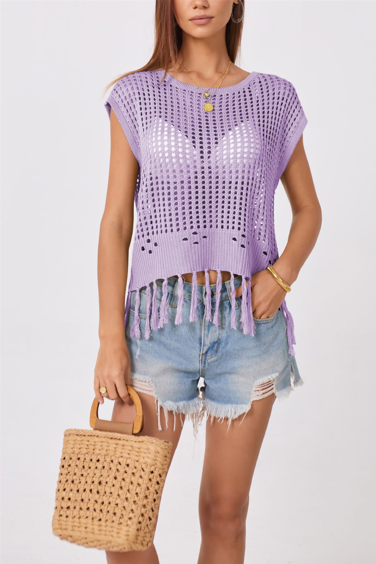 Crochet Fringe Knit Top Sleeveless Beach Cover Up