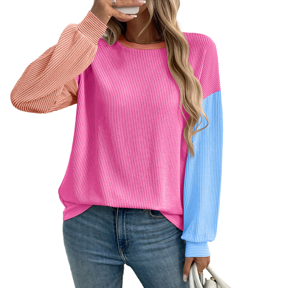 Women's Color Block Oversized Crewneck Pullover Top