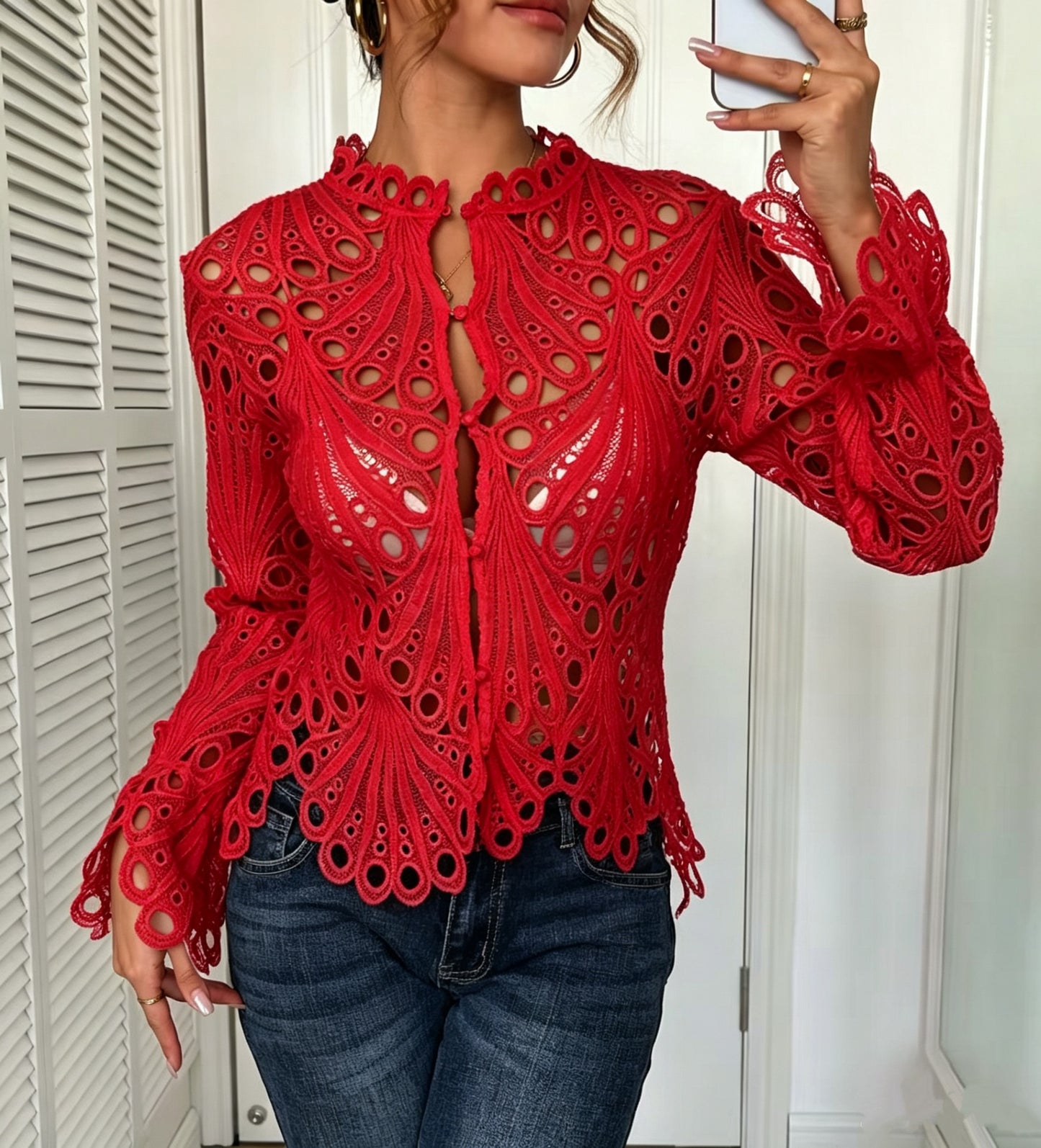 Crochet Lace Blouse with Sheer Bell Sleeves and Buttons
