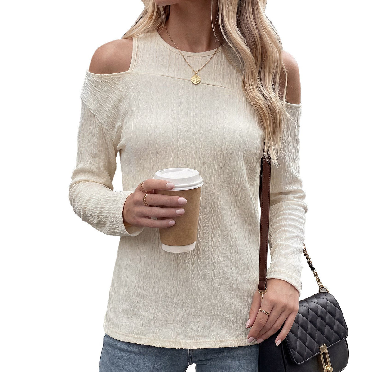 Women's Cold Shoulder Long Sleeve Tunic Top Textured Loose