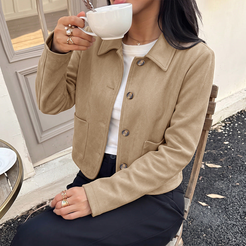 Faux Suede Cropped Collared Jacket Button Front Coat