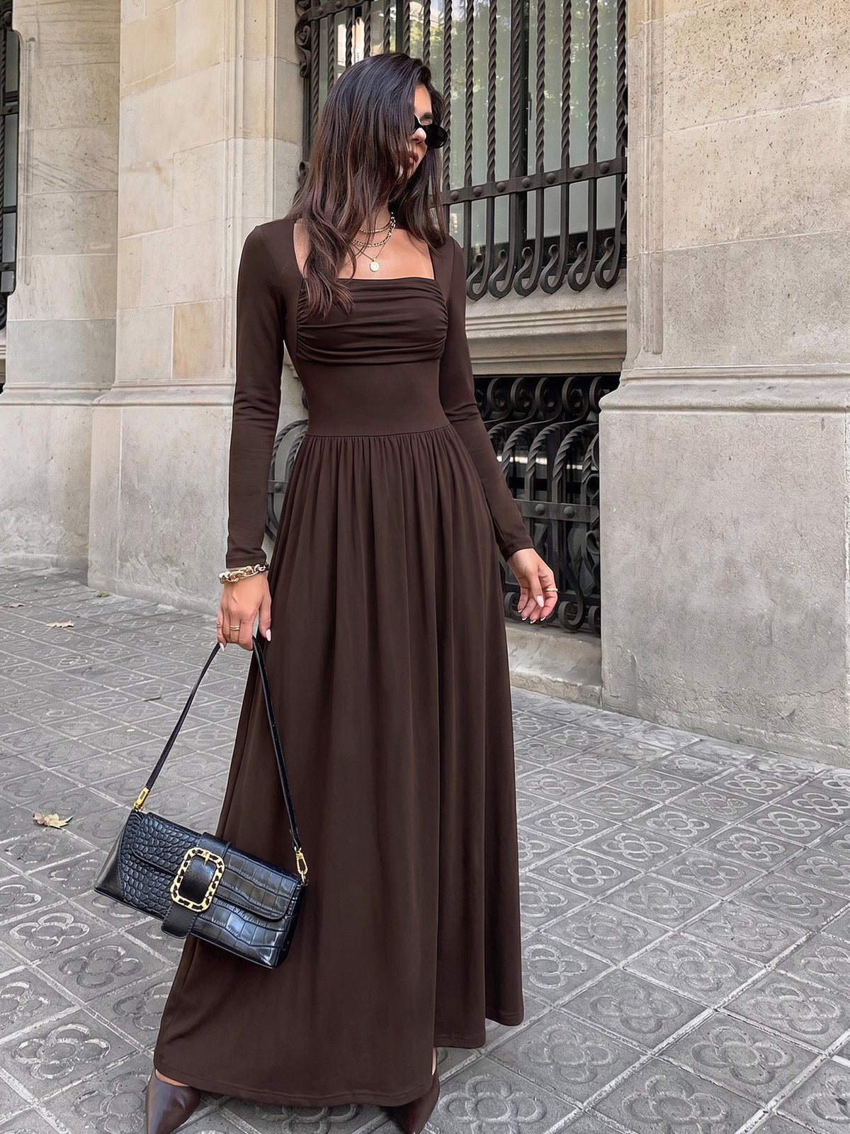 Brown Square Neck Long Sleeve Ruched Maxi Dress