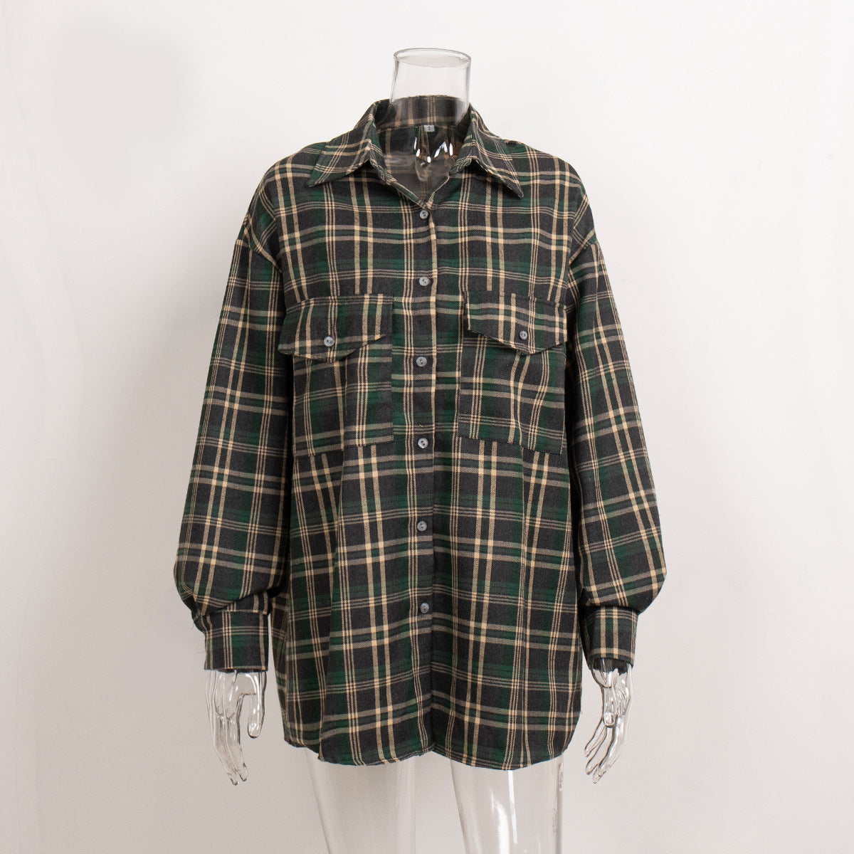 Plaid Button-Down Shirt with Flap Pockets  Oversized Fit