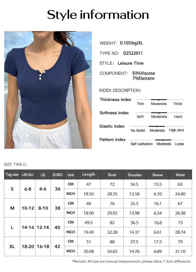 Button Casual Top Solid T-Shirts Slim Short Sleeve
