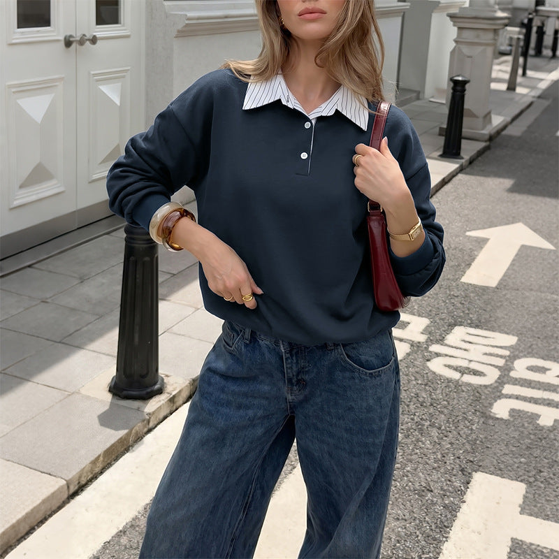 Women's Oversized Preppy Layered Striped Collar Sweatshirt