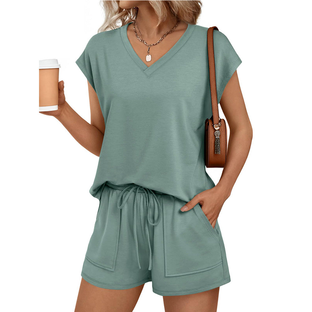 Women’s V Neck Short Sleeve Top and Drawstring Shorts Set Casual Summer Lounge Outfit