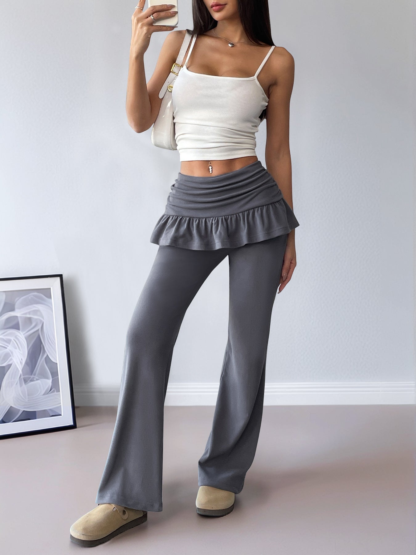 Solid Color Flare Pants with Skirt Overlay Casual Style
