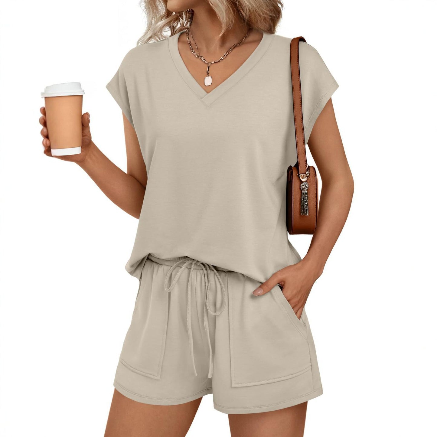 Women’s V Neck Short Sleeve Top and Drawstring Shorts Set Casual Summer Lounge Outfit