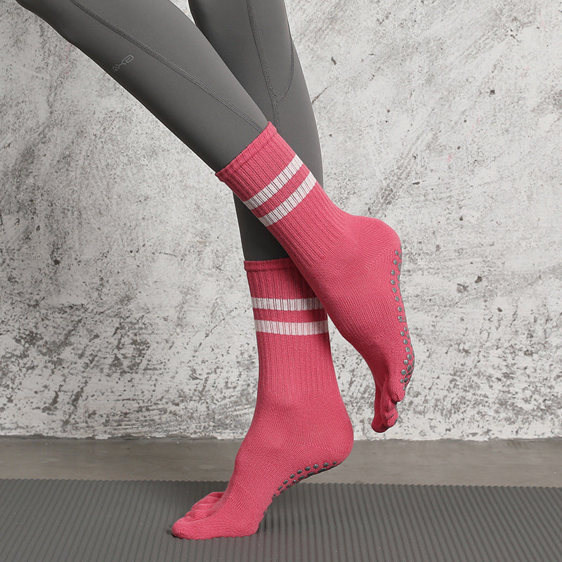 Women Mid Calf Pilates Toe Socks Non Slip Cotton Grip