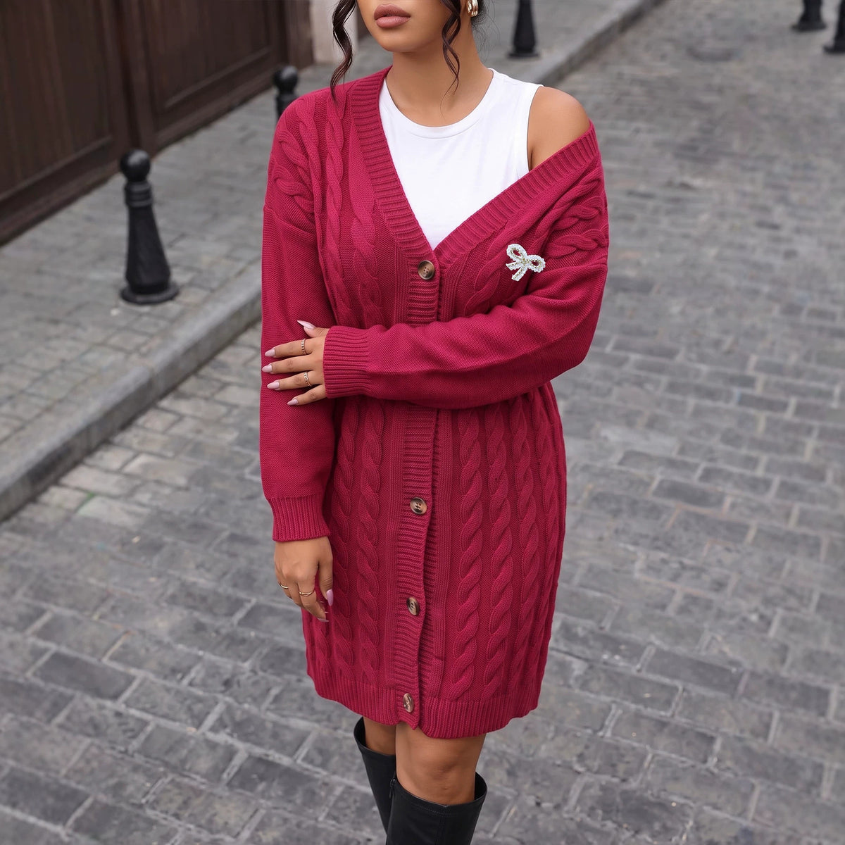 Plus Size Cable Knit Long Cardigan Rhinestone Bow Brooch