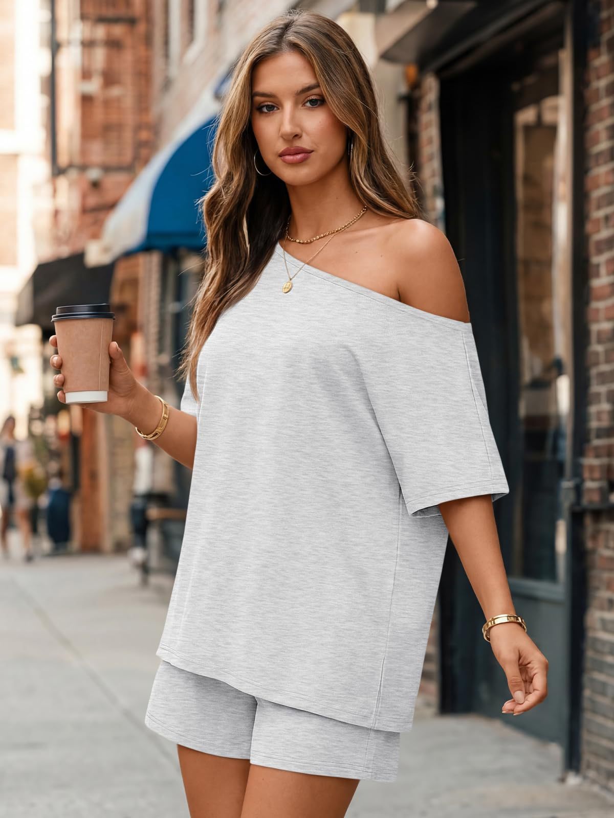Women's Off Shoulder Lounge Set Casual Two Piece Shorts Outfit