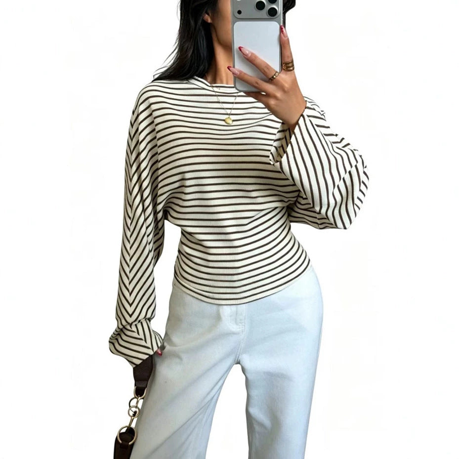Women's Striped Batwing Waffle Knit Long Sleeve Top