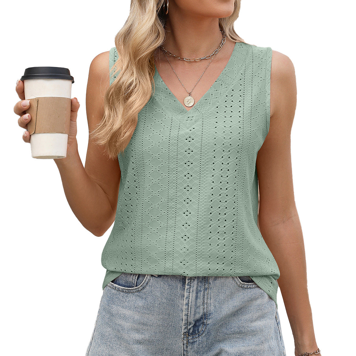 Eyelet V-Neck Sleeveless Cotton Tank Top for Women