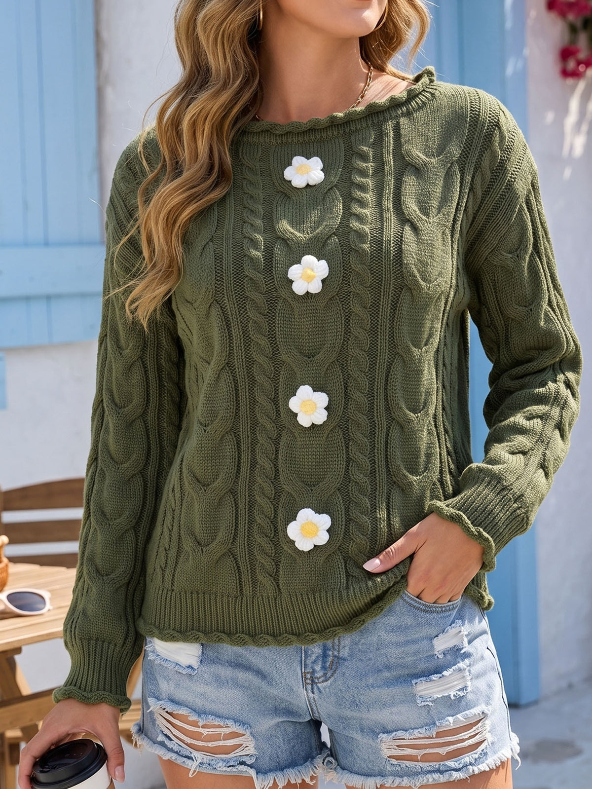 Women's Crochet Floral Sweater Off Shoulder Lantern Sleeve