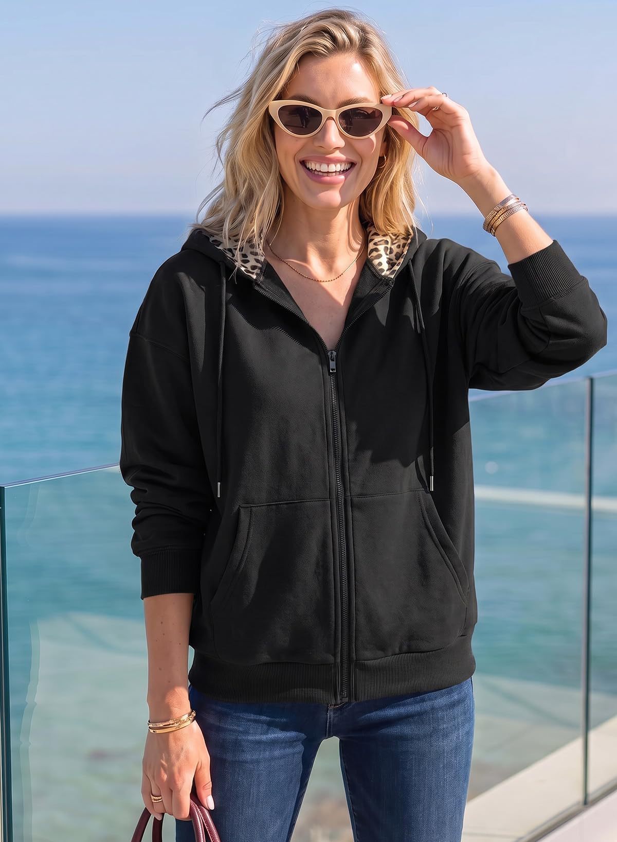 Women's Oversized Leopard Zip Up Hoodie