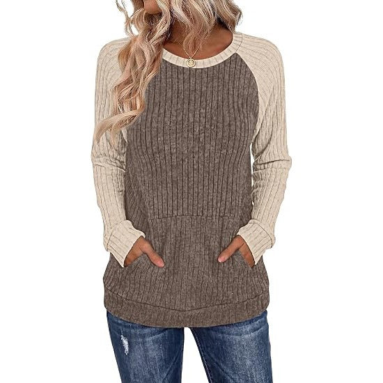 Ribbed Color Block Raglan Long Sleeve Pocket Tunic Top