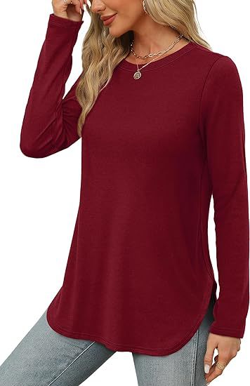 Women's Casual Long Sleeve Tunic Top Round Neck Side Slit
