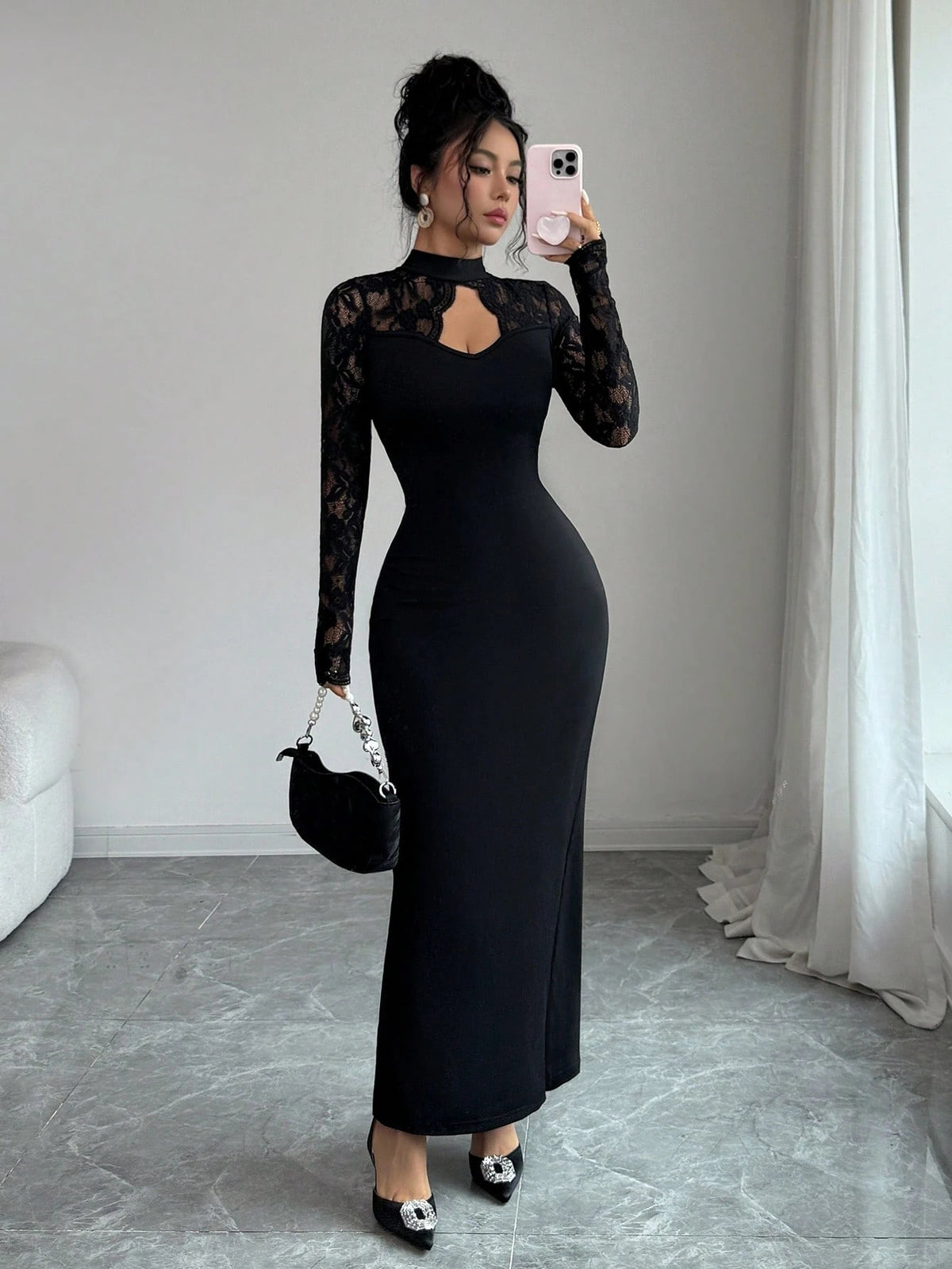 Women's Lace Sleeve Cutout Bodycon Maxi Dress