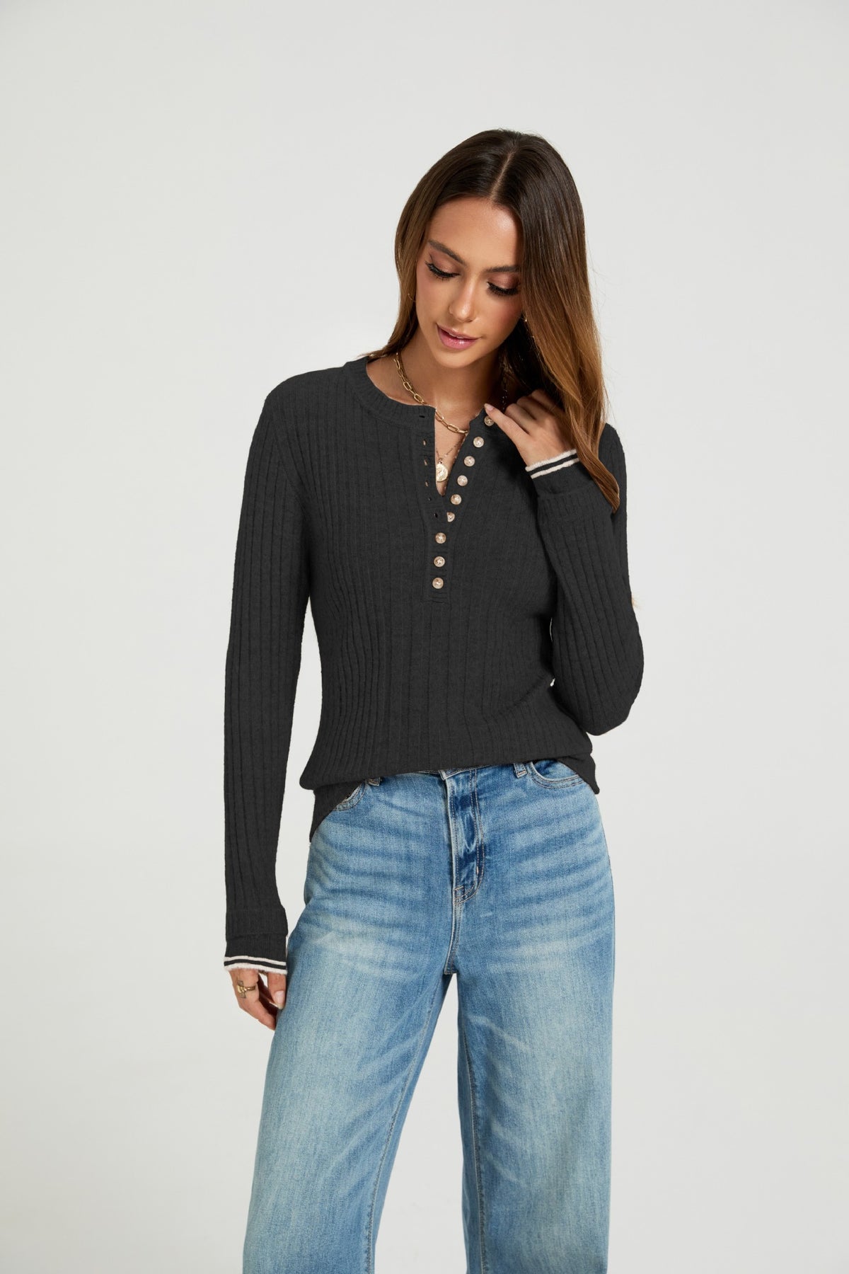 Women's Ribbed Henley Sweater Long Sleeve Fitted Top