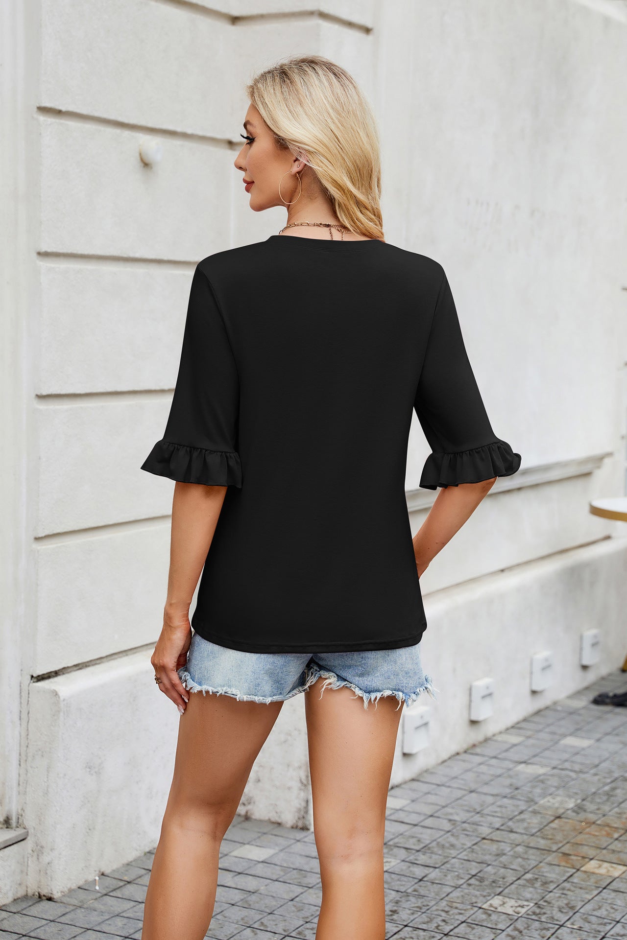 Striped Round Neck Ruffle Sleeve Top