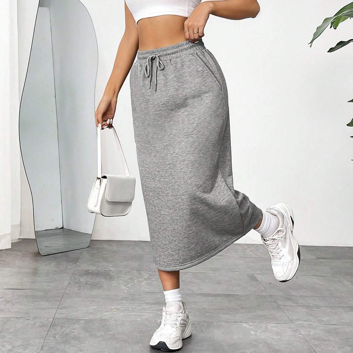 Solid Cotton Blend Skirt Casual Midi Drawstring Pocket
