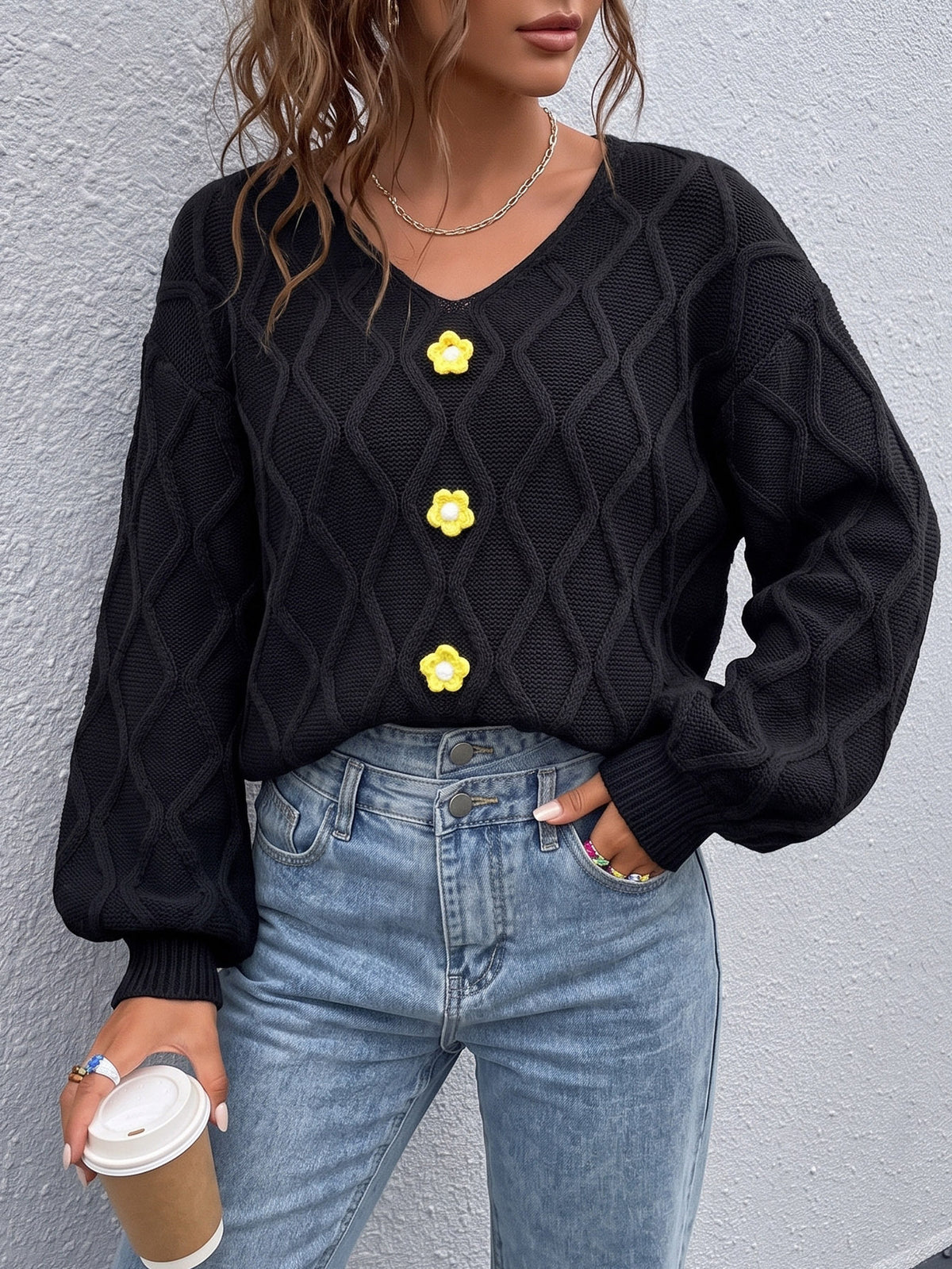 Women's V-Neck Cable Knit Sweater Floral Balloon Sleeve